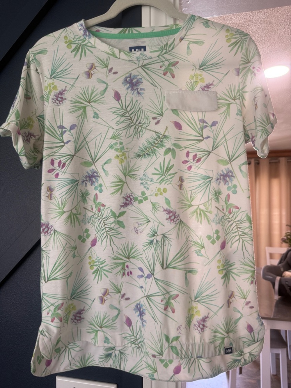 Floral Leaf Print Short Sleeve Top - Cream with Green & Lavender